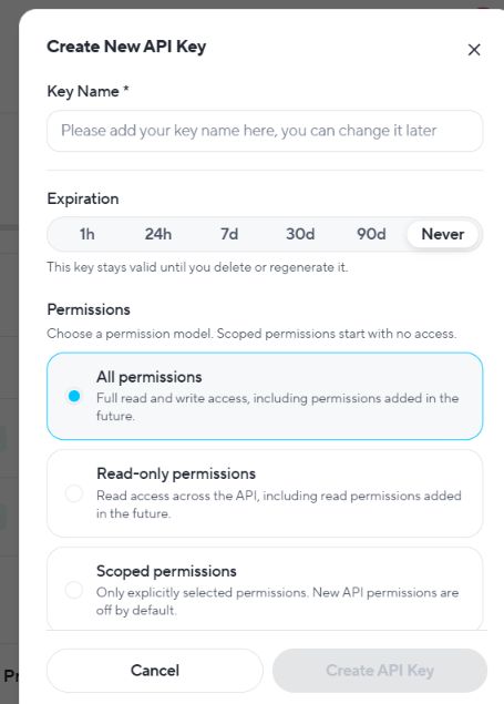 Форма Create New API Key в разделе Developers HeyGen